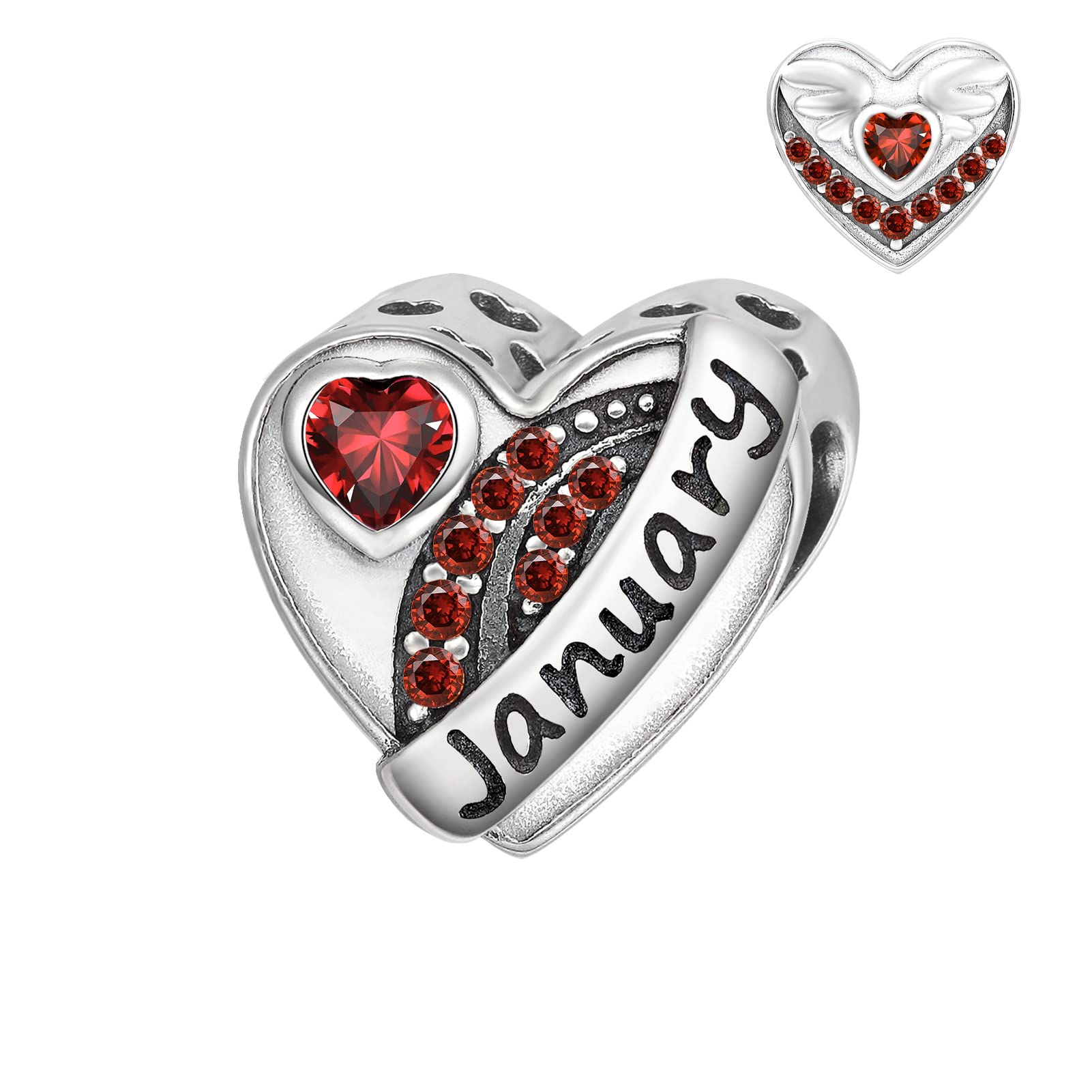 Qings January Birthstone Charms for Bracelet Sterling Silver 925 Love Heart Garnet Birth Stone Angle Wing Cubic Zirconia Bead Charm Fit for Bracelets Necklace Birthday Jewellery Gifts for Women Girl