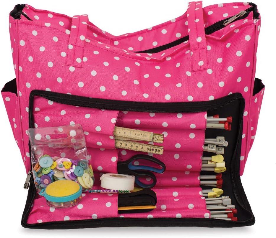 Roo Beauty Ltd Knitting Shoulder Bag, Sewing Accessories and Craft Needle Storage Organiser Case In Pink Polka Dot