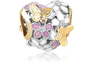 SBI Jewelry Gold Butterflies Pink Flowers Charm for Bracelet Women Love Heart Anniversary Birthday Compatible with Pandora Br