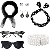 Bcxfbxd 7 Pcs 50's Women Costume Accessories Set for Girls | Cat Eye Glasses, Soild Scarf, Bandana Headband,Drop Dot Earrings, Bracelet, 1950s Outfits, Party Halloween, Ideal Gifts