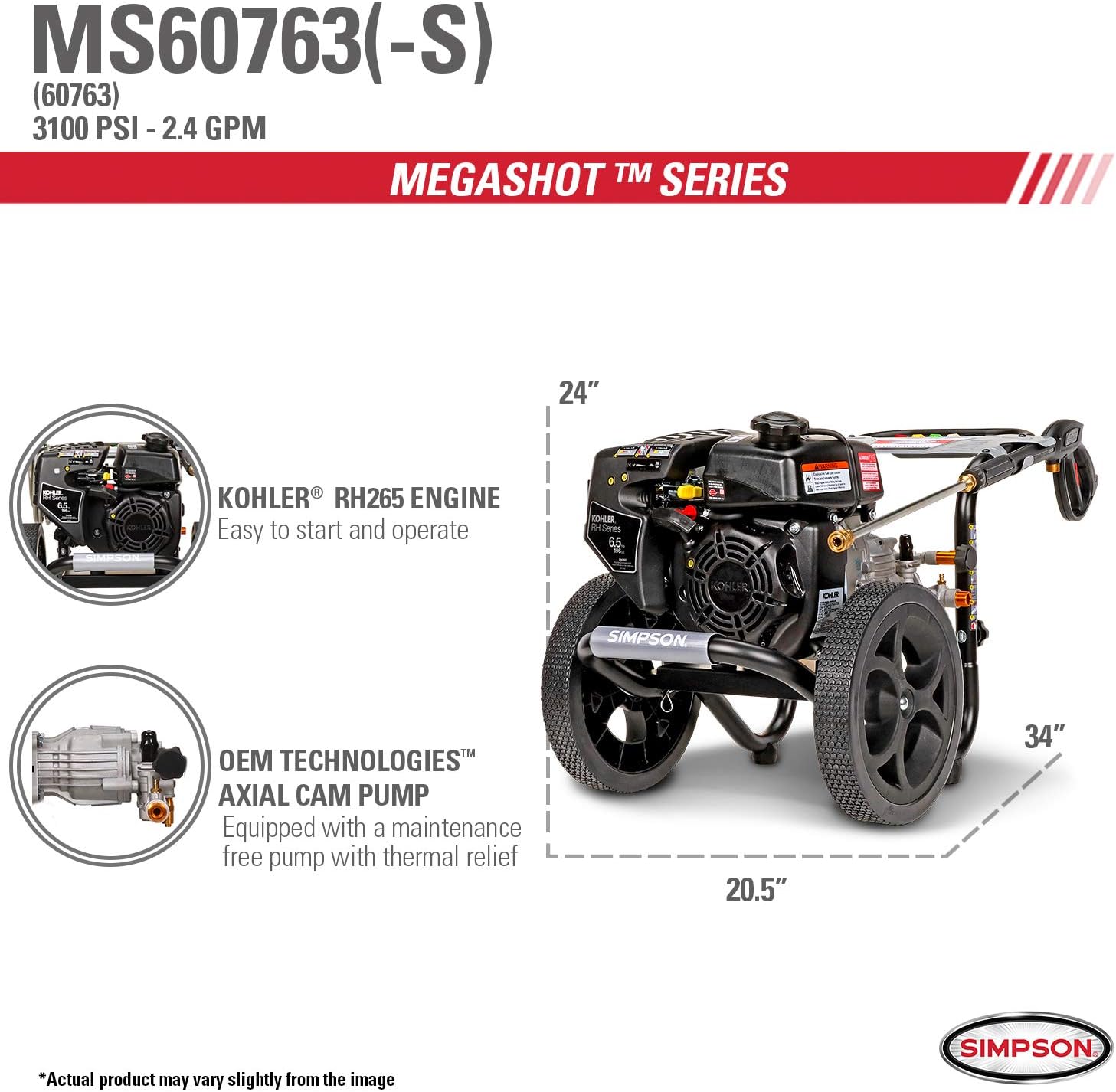 SIMPSON Cleaning MS60763-S MegaShot Gas Pressure Washer Powered by Kohler RH265, 3100 PSI at 2.4 GPM : Garden & Outdoor