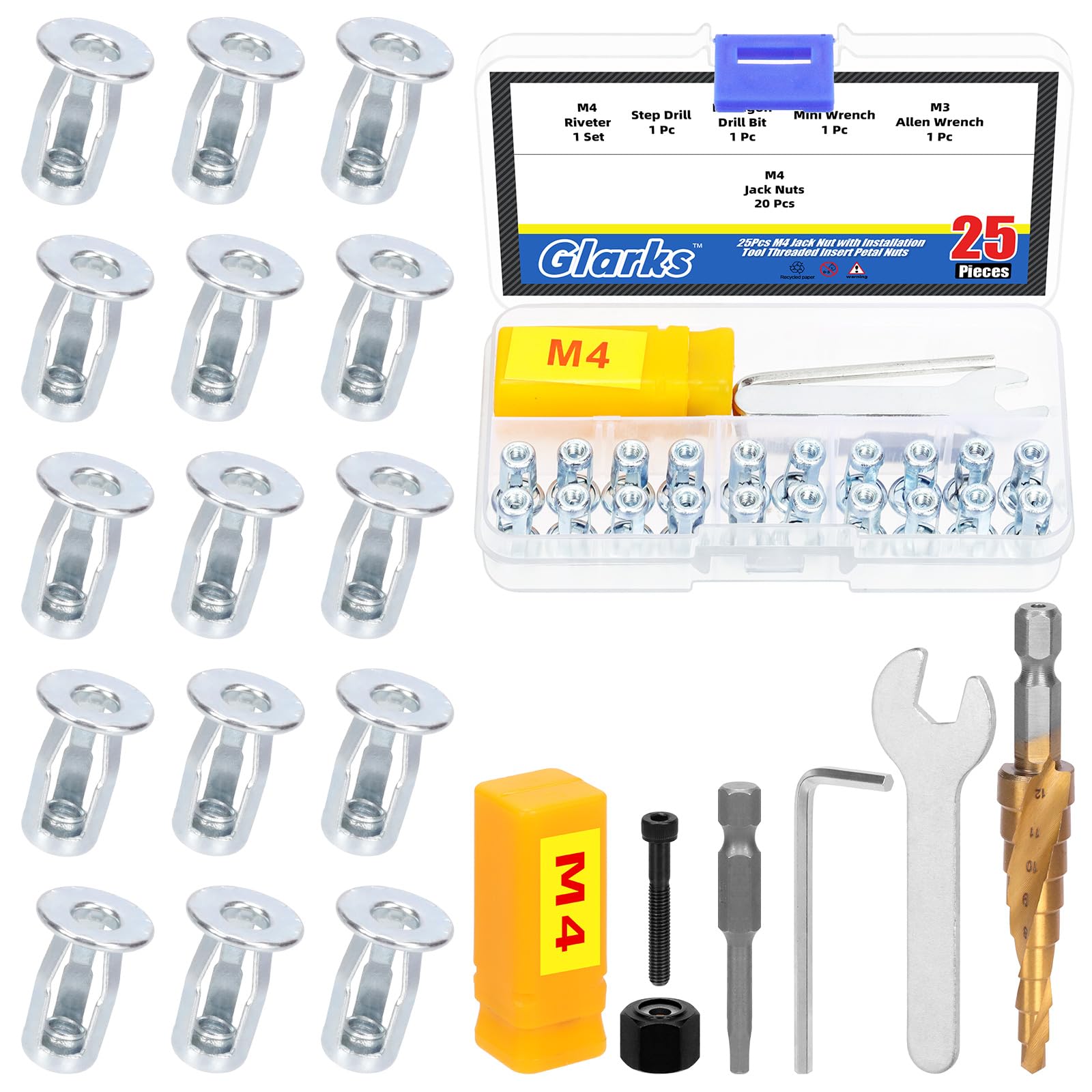 Glarks 25pcs M4 Jack Nut and Installation Tool Kit Jacknut Screw Anchor Threaded Insert Petal Nut Expansion Nut for Plastic Polywood Pressboard Hardboard