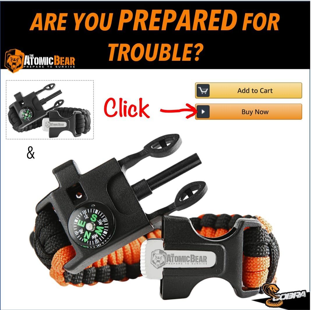 Atomic Bear Paracord Bracelet (2 Pack) – Adjustable Size – Fire Starter – Loud Whistle – Emergency Knife – Perfect for Hiking, Camping, Fishing and Hunting – Black & Black+Orange : Sports & Outdoors