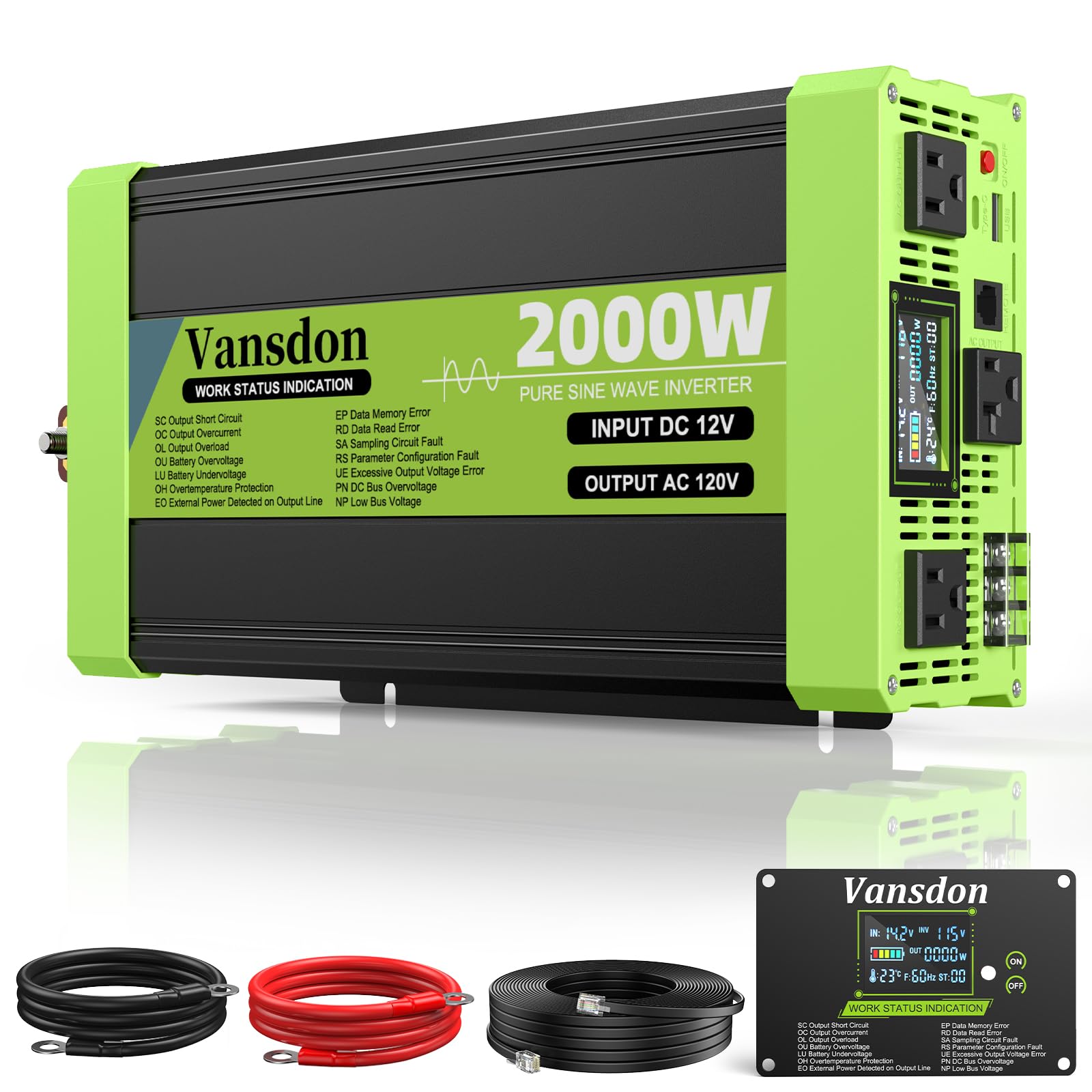 Photo 1 of Vansdon 2000W Pure Sine Wave Inverter 12V DC to 120V AC Inverters for RV,Truck, Solar, Home, Off-Grid, Car Power Inverter with LCD Display, 3 AC Outlet, 30W USB-C, USB, Remote Control, Surge 4000W