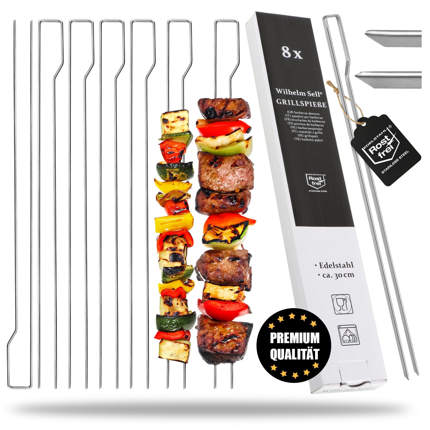 Wilhelm Sell® 8x grill skewers with handle - shashlik skewers 30 cm with double prongs for fixing meat, fish, vegetables - BBQ double skewer made of stainless steel 430
