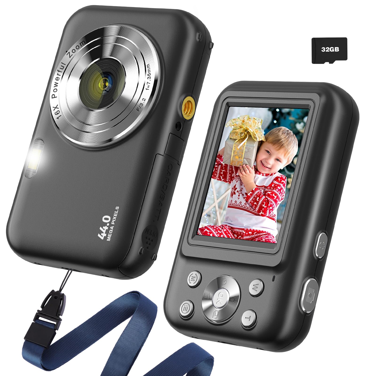 Digital Camera, FHD 1080P Digital Camera for Kids with 32GB Card, Vlogging Camera for Video Anti-Shake, Portable Point and Shoot Camera Fill Flash 16X Zoom, Small Camera for Travel—Black