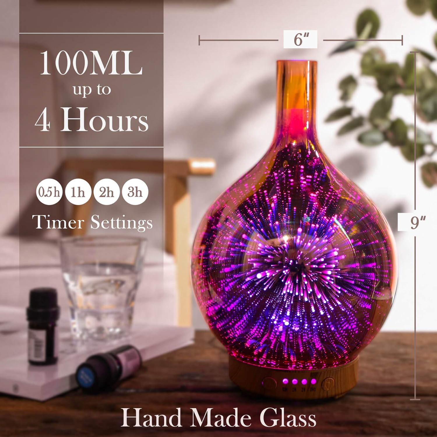 Rose Gold Essential Oil Diffuser 3D Glass Aromatherapy Ultrasonic Humidifier,Waterless Auto-Off,Timer Setting, BPA Free,air Refresh for Home Hotel Yoga Leisure SPA Gift 100ml: Home & Kitchen