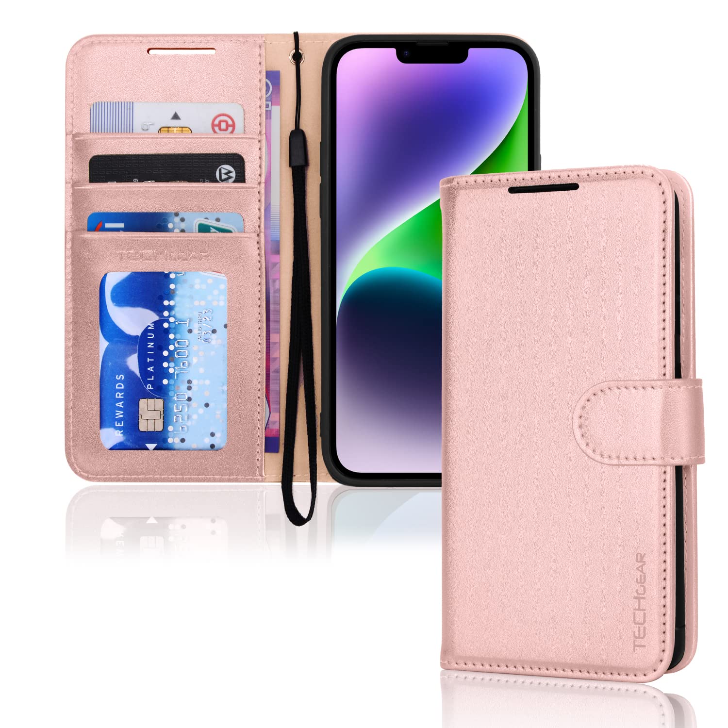 TECHGEAR iPhone 14 Leather Wallet Case, Flip Protective Case Cover with Wallet Card Holder, Stand and Wrist Strap - Pink PU Leather with Magnetic Closure for iPhone 14 6.1"