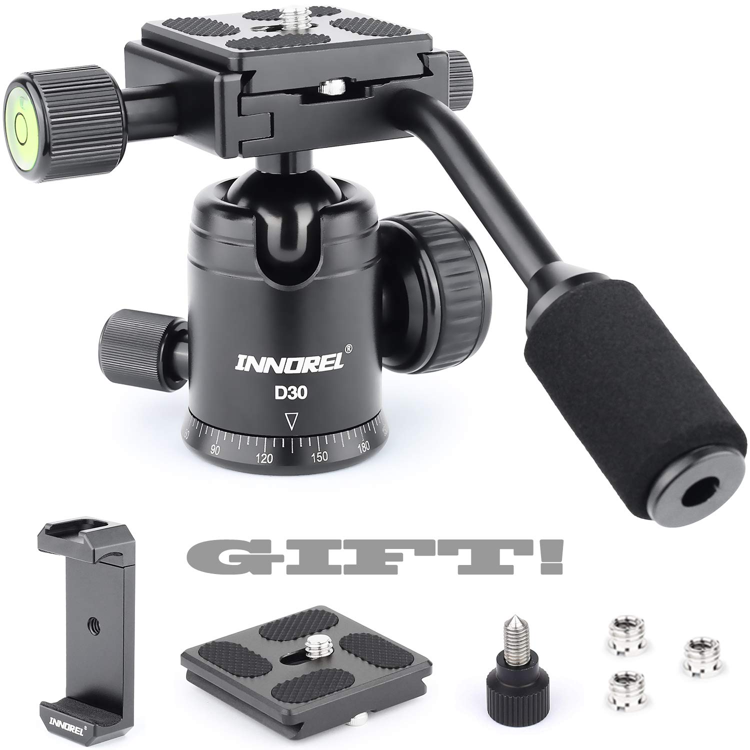 INNOREL D30 Tripod Ball Head with Handle, 360° Panoramic Ballhead with 1/4" Quick Release Plates, Max Load 22lbs/10kg, Compatible with DSLR, Camcorder, Telescope, etc.