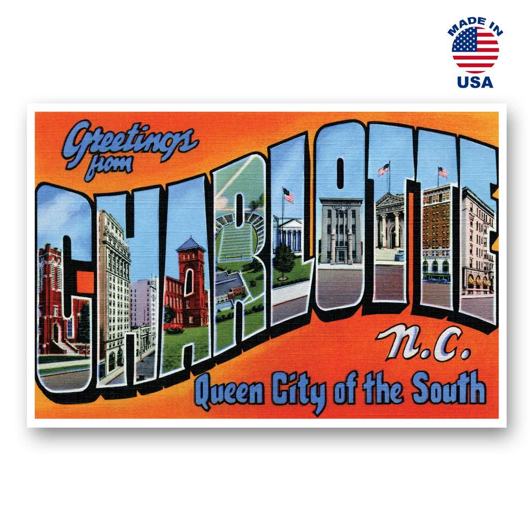 GREETINGS FROM CHARLOTTE, NC vintage reprint postcard set of 20 identical postcards. Large Letter Charlotte, North Carolina city name post card pack (ca. 1930's-1940's). Made in USA.