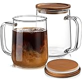 CMLKLZD Glass Coffee Mugs, 16 oz Glass Coffee Cups with Acacia Wood Lids, Clear Borosilicate Glass Mugs with Handles for Cappuccino, Tea, Latte, Hot/Cold Beverages, Wine, Americano, Set of 2