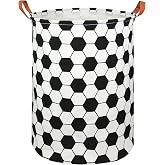 HUNRUNG Round Fabric Collapsible Storage Basket with Handles, Roud-Football | Waterproof round laundry bin with reinforced handles, collapsible storage for bedroom, bathroom, closet