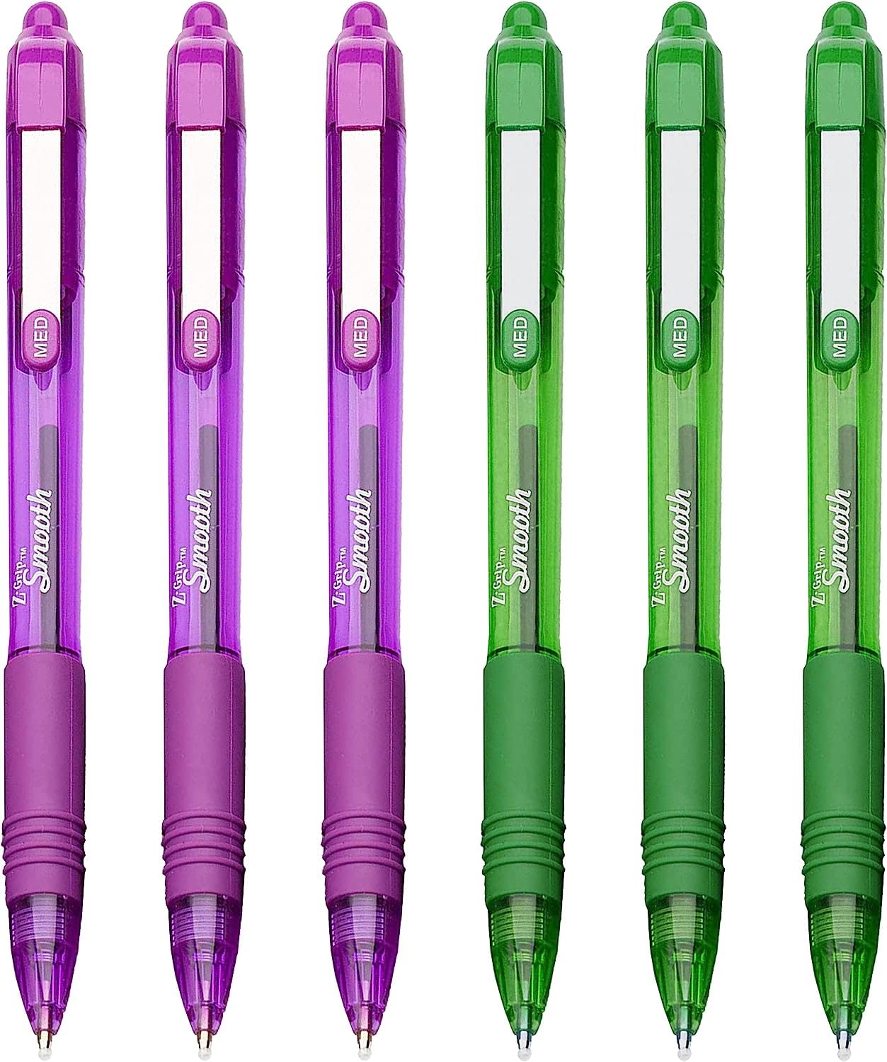 Zebra Z-Grip Smooth - Retractable Ballpoint Pen - Pack of 6-3 x Green, 3 x Purple