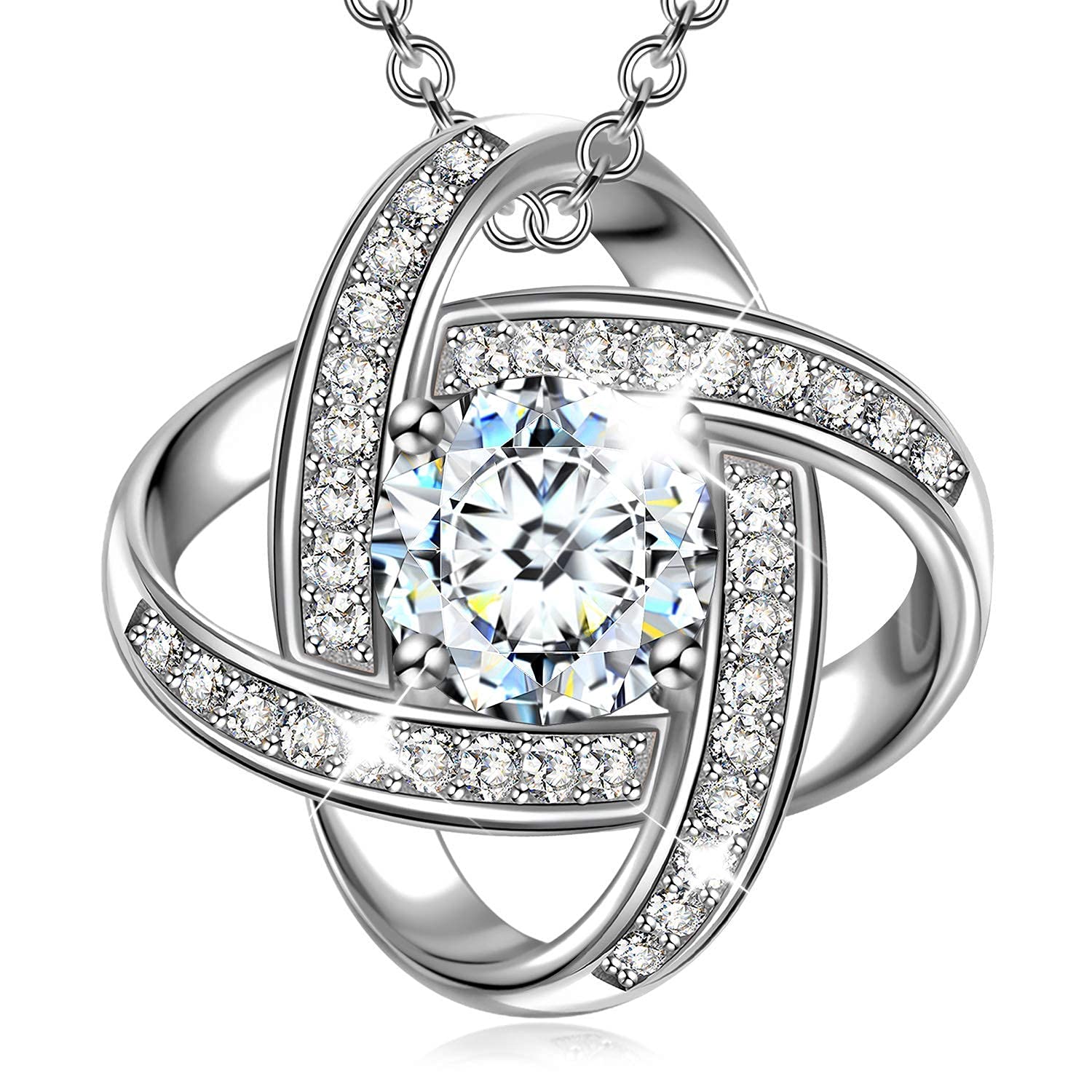 (White) Sparkle Knot Pendant Necklace 925 Sterling Silver For Women with Round Brilliant Cubic Zirconias April