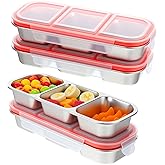 MBAIYO 4 Pack Stainless Steel Snack Containers with Lids, 3 Compartment Snack Box Metal Bento Lunch Boxes Container Reusable Bento Box for Home Office Travel