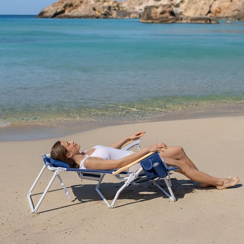 Pack di 2 Sedie da Spiaggia - Reclinabile 5 Posizioni - Tasca Termica - Tasca per Cellulare - Maniglie Tipo Zaino - Cuscino Ergonomico - Alluminio e Poliestere - Blu Navy
