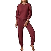 Ekouaer Waffle Knit Lounge Sets for Women Long Sleeve Pajamas Set with Pockets 2 Pieces Outfits Top and Pants