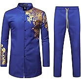LucMatton Men's 2 Piece Outfits Long Sleeve Button Down African Dashiki Shirts and Pants Set Traditional Ethnic Suits