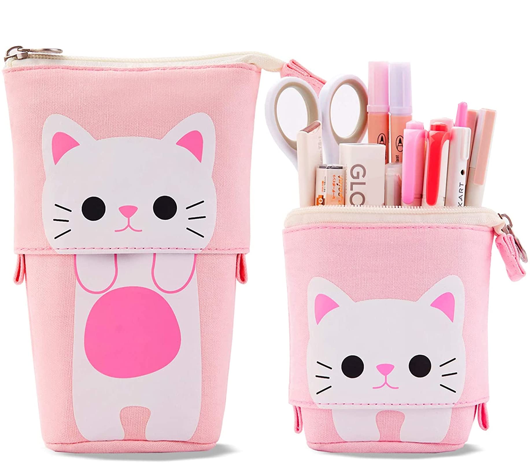 Pencil Case Cute Stand Pencil Holder, Cute Cartoon Cat Telescopic Stand Stationery Bag Pencil Case Pouch Variable Kids Canvas Cosmetic Bags Storage Bag Retractable Pen Makeup Bag for Boy Girl Student