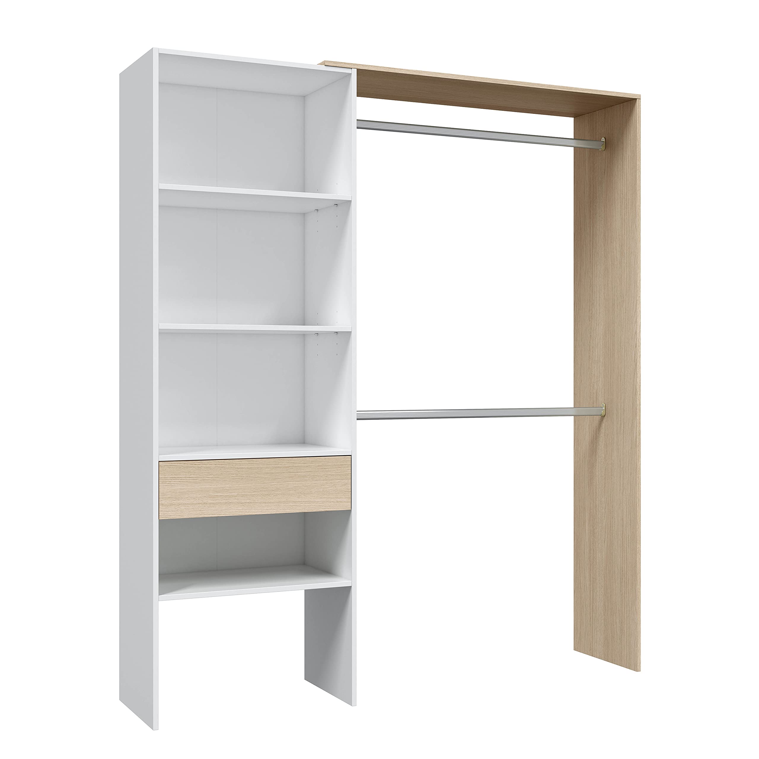Armario-Vestidor-Armario-2-Barras-4-Baldas-y-1-Cajon-Vestidor-Reversible-Acabado-en-Blanco-Artik-y-Roble-Medidas