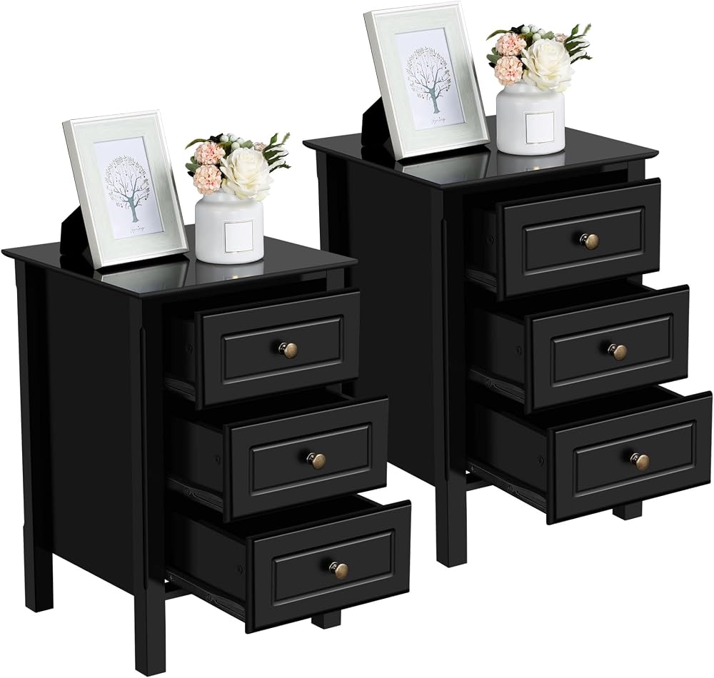 Yaheetech Bedside Table Set of 2 3-Drawer Nightstand Pine Wood Black