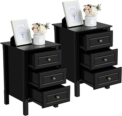 Yaheetech Bedside Table Set of 2 3-Drawer Nightstand Pine Wood Black