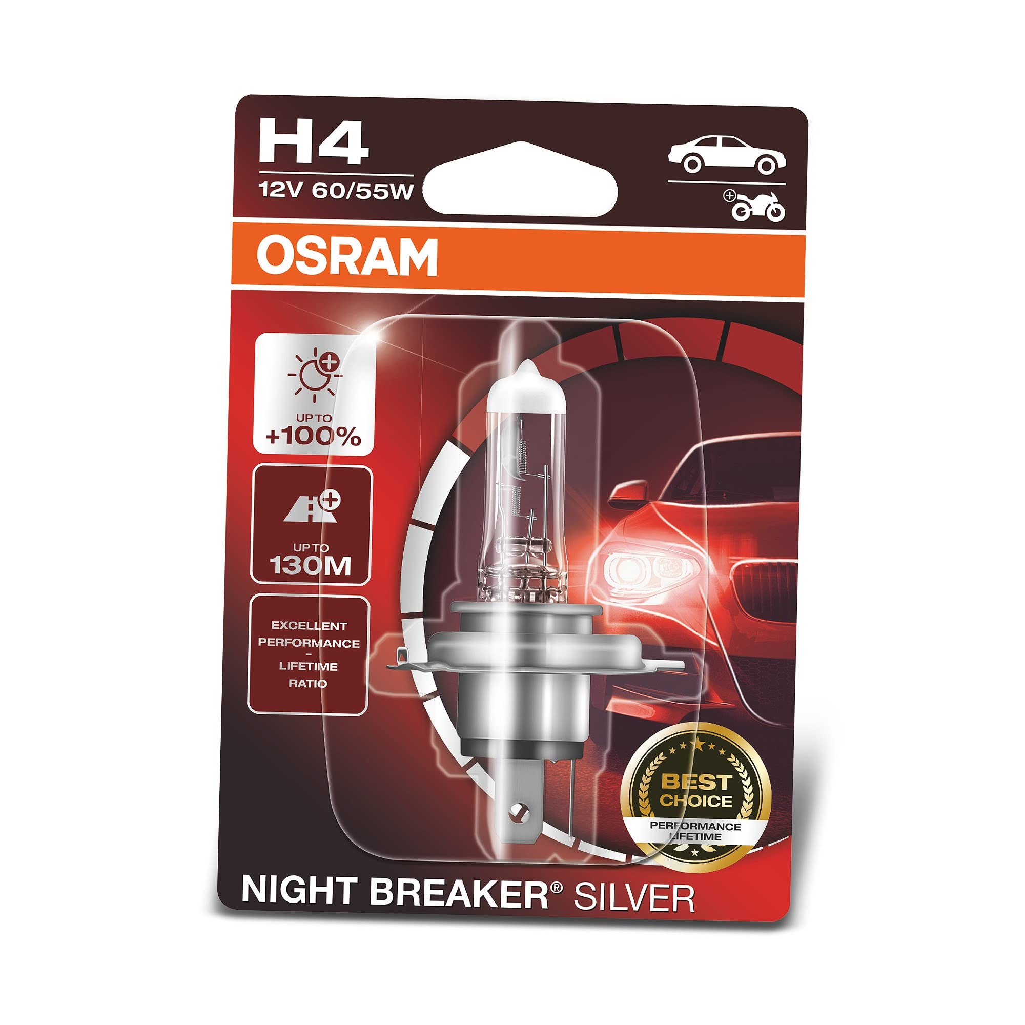 OSRAM NIGHT BREAKER SILVER H4, +100% more brightness, halogen headlamp, 64193NBS-01B, 12V, passenger car, single blister (1 lamp)