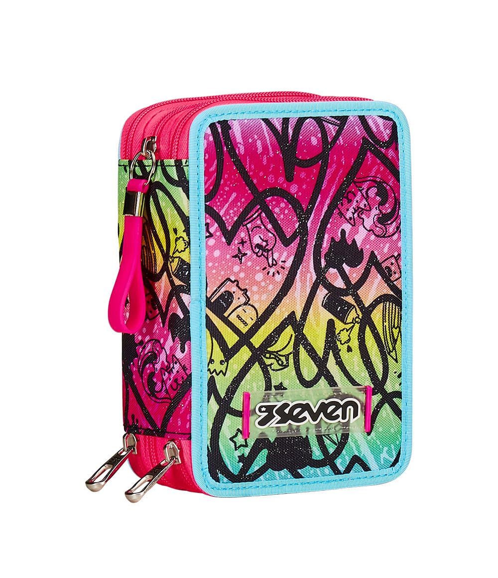 Seven Pencil Case 3 Compartments, Pink, Triple Compartment, Complete with Pencils, Markers, Colours, Backpack Accessories, Elementary, Medium, Top, Girls and Girls, Pink, Taglia Unica, School — image 1