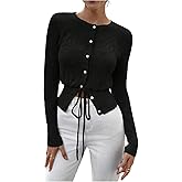 SHENHE Women's Button Up Cardigan Sweater Hollow Out Flower Knit Slim Fit Fall Sweater