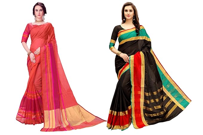 Womens Cotton Silk Saree Combo Pack of 2 (Multicolored)