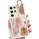 Jefonha Silicone Case for Samsung Galaxy S24 Ultra with Strap, Cute Flower Floral Phone Case for Women Girls, Adjustable Finger Strap Shockproof Protective Cover, Beige Flowers
