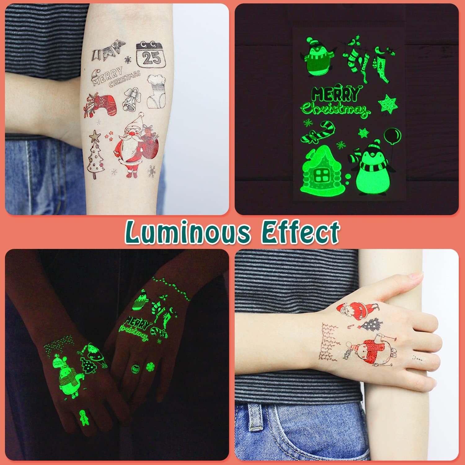 Partywind 235 Styles Glow Christmas Tattoos for Kids Stocking Stuffers, Luminous Christmas Party Decorations Supplies Favors, Holiday Party Games Toys, Santa Snowflake Decor (24 Sheets)