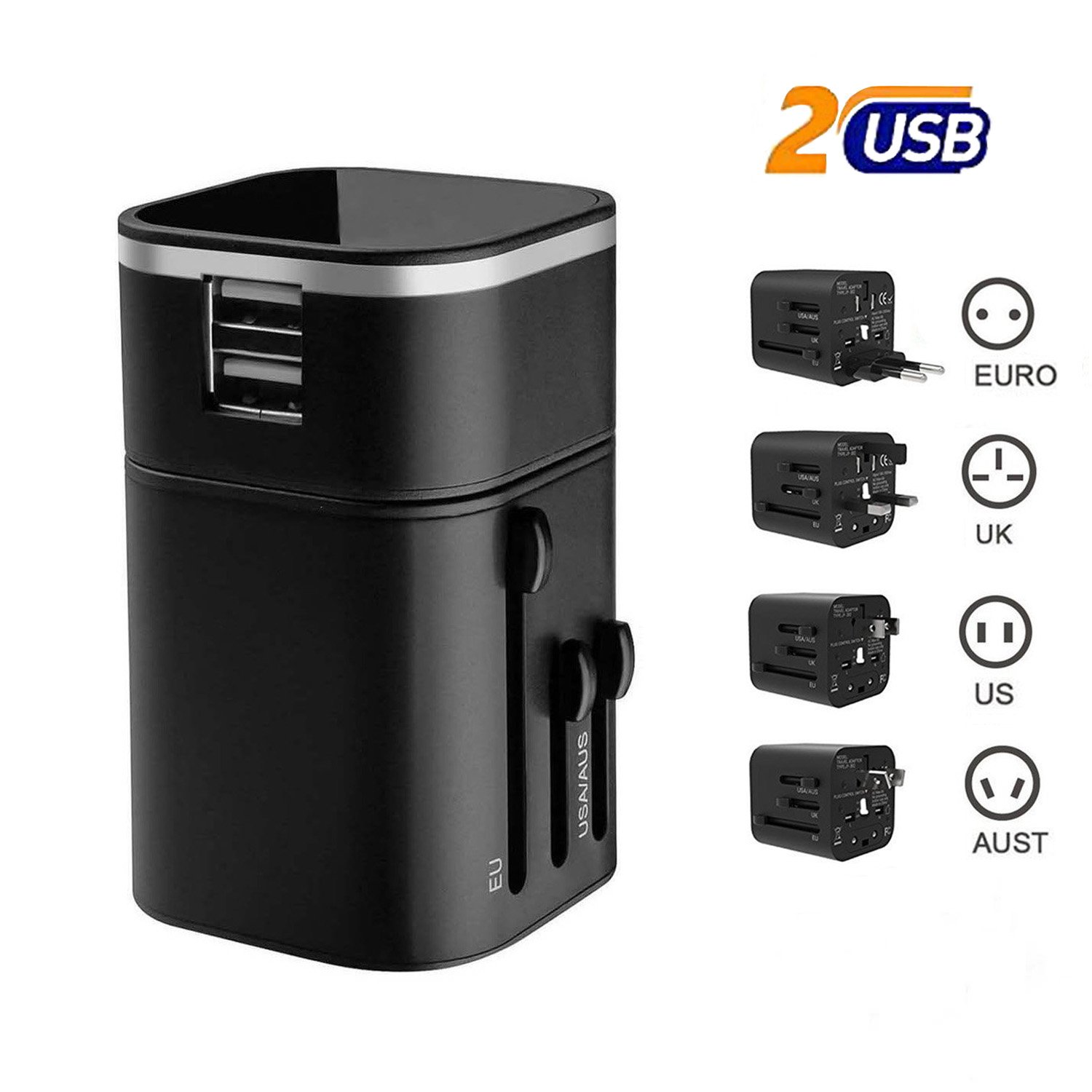 Adattatore di caricabatteria da viaggio, caricabatterie da muro internazionale Moobom worldwide universale adattatore da viaggio con due porte USB per Apple, iPod, iPad, Android, smartphone e fotocamere digitali (grado di alimentazione USB 