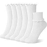 6 Pairs Cute Floral Ruffle Crew Socks Women, Breathable Cotton Novelty Casual Girls Above Ankle Funny Socks US 5-10