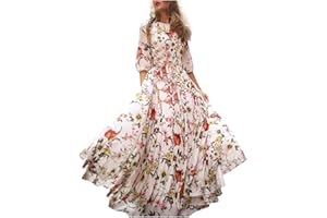 BOKELEY DRESS Bokeley Women's Boho Swing Maxi Dresses Half Sleeve Flowy Print Beach Long Dress Crew Neck Smocked Hight Waist
