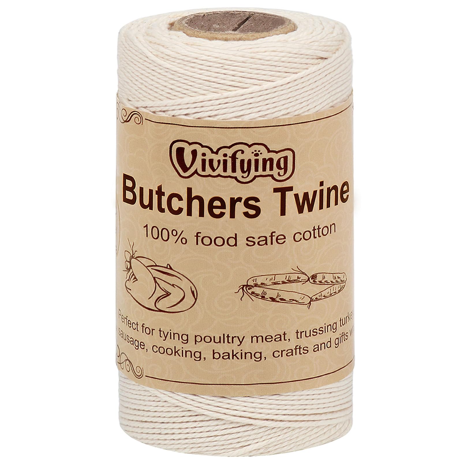 Vivifying Butchers Twine, 100M/328 Feet 3ply Natural Cotton Butchers String, Food Safe Cooking String for Tying Meat, Kitchen Twine for Making Sausage and Trussing Poultry (White)