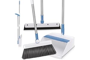 Broom and Dustpan Set,Masthome Long Handle Broom and Dustpan Set,Squeegee Broom and Brooms for Sweeping Indoor Set,Broom with Stand Up Dustpan Combo Set for Home, Office, Lobby (Blue+White)
