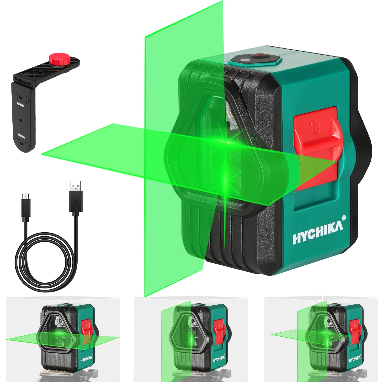 HYCHIKA Green Laser Level, 45M Lazer Levels Self Leveling, Switchable Horizontal/Vertical/Cross line, IP54 Rechargeable Outdoor Laser Level with 360°Magnetic Bracket,USB Charging Cord