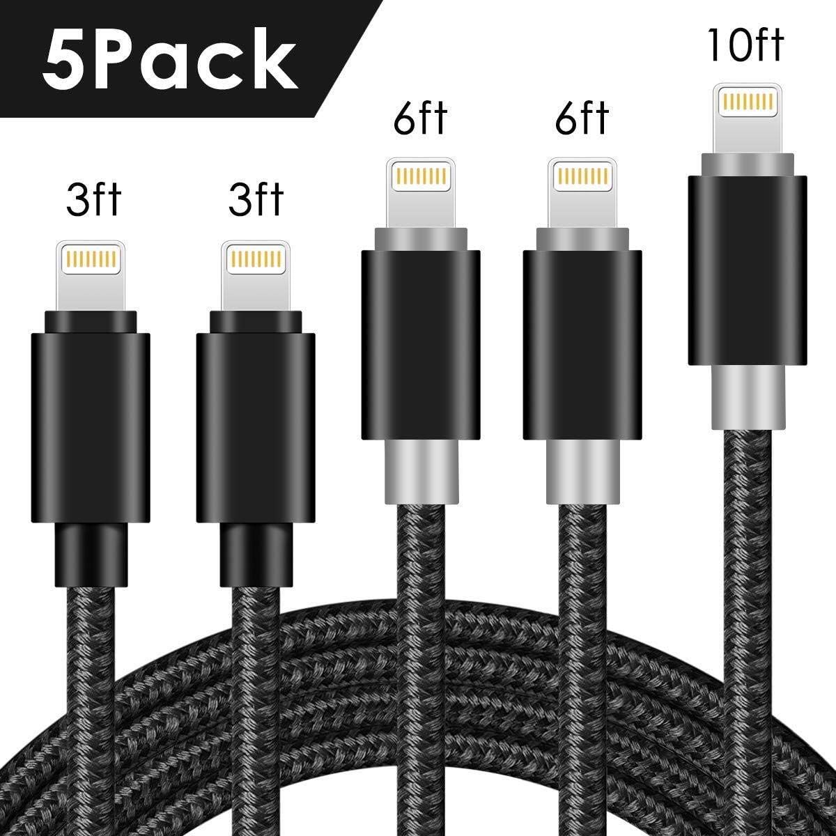 Mfi Certified Lightning Cable 5Pack 3ft 6ft 10ft Nylon Braided USB Fast Charging& Syncing Cord Compatible iPhone Charger XS/Max/XR/8/Plus/ 7/Plus/6S/PlusEHDWUHAQEW-115