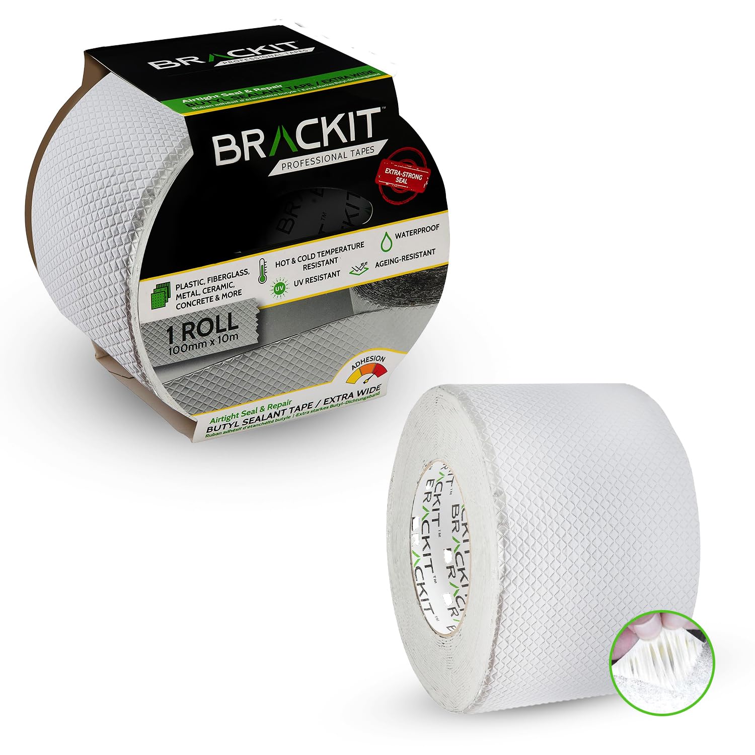 brackit Heavy Duty, Waterproof, Silver Butyl Tape, Flashing Tape; 100mm x 10m; Extra Thick – For Insulation or Repairing Sealing Leaks in Roofs, Pipes, Windowsills