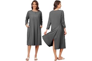 Liokoc Flannel Hospital Gowns for Women Zipper Open Back Post Shoulder Surgery Dress Thermal 3/4 Sleeve Adaptive Clothing