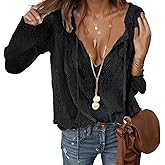 Pinclodly Lace Tops for Women Long Sleeve Tie Front Tops V Neck Floral Lace Crochet Blouse Shirts Hollow Out Western Shirts