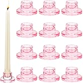 12 PCS Glass Taper Candle Holders Bulk Pink Candlestick Holders Clear Short Tapered Candle Stick Holder Decor Set for Table Centerpiece Wedding Party Advent Christmas Home Decorations