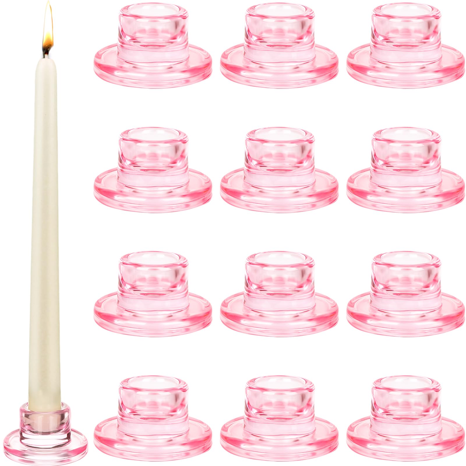 Photo 1 of 12 PCS Glass Taper Candle Holders Bulk Pink Candlestick Holders Clear Short Tapered Candle Stick Holder Decor Set for Table Centerpiece Wedding Party Advent Christmas Home Decorations