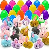 StzMamil 24 Pack Easter Egg Fillers with Bunny Plush, Filled Mini Stuffed Animal Kids Easter Basket Stuffers with Toys Inside Eggs Hunts Party Favors for Kids Toddler Teens Boys Girls