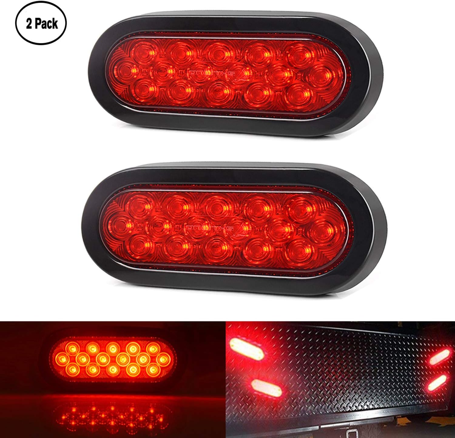 Funlove 2 Pcs 6" Oval Red LED Trailer Tail Lights 16 LED Sueface Mount Brake Stop Turn Tail Light for RV Jeep Trucks