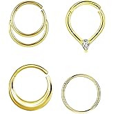Suotarn 16G Septum Rings - 316L Surgical Steel Teardrop Hinged Nose Rings Hoops Seamless Septum Jewelry CZ Nose Piercings Helix Tragus Rook Daith Piercing Men Silver/Gold Plated/Black 8mm