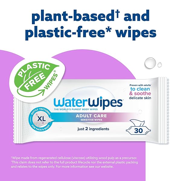 WATERWIPES SENSITIVE WHOLE BODY CLEANSING WIPES, 99.9% PURIFIED WATER, XL TEXTURED WIPES, INCONTINENCE CARE, FRAGRANCE FREE, 90 COUNT