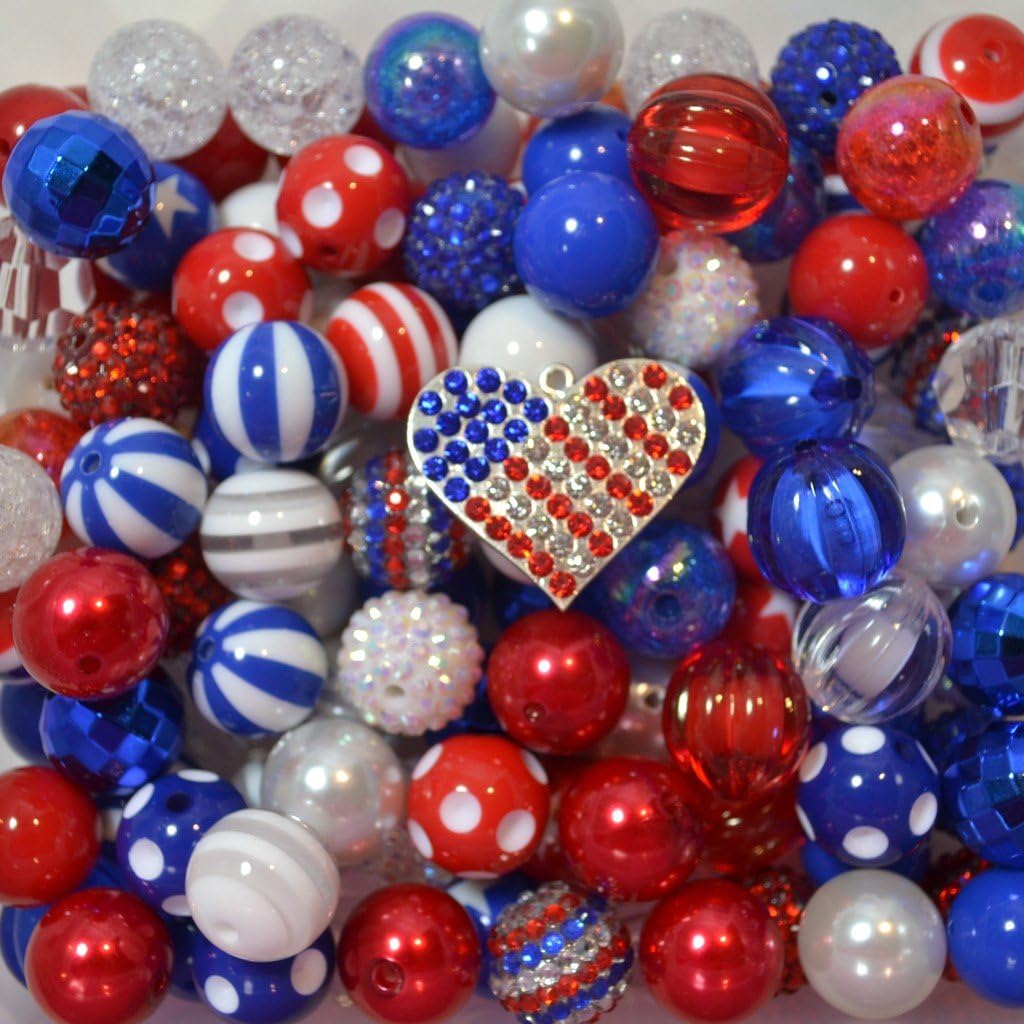 Patriotic Themed Bulk Mix of 20mm Acrylic Bubblegum Beads in Red, White and Blue
