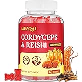 Mezqai Mushroom Gummies, Cordyceps Reishi Mushroom Supplement Gummies for Adults with Green Tea Extract, Brain Supplements for Memory and Focus, Energy, Athletic Performance*, Rest - 60 Count